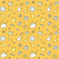 Crockery and cooking (tea and coffee) seamless vector pattern (yellow). Clean and simple outline design. Royalty Free Stock Photo