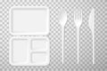 Crockery, cutlery disposable white realistic set. Plastic tableware, rectangular dishes, containers. Royalty Free Stock Photo