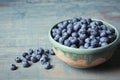 Crockery with juicy and fresh blueberries