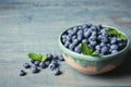 Crockery with juicy fresh blueberries and green leaves Royalty Free Stock Photo