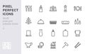 Crockery line icon set. Table setting - sugar bowl, salt shaker, fork, spoon, food sticks, ashtray minimal vector