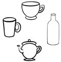 Crockery set. Cups, bottle and glass bottle and kettle. Outline. Doodle drawing.