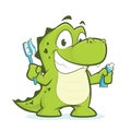 Crocodile or alligator holding toothbrush and toothpaste