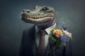 Crocodile Animal, dressed in a suit and tie, holding a bouquet of flowers. The image depicts a romantic and elegant figure,