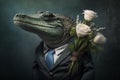 Crocodile Animal, dressed in a suit and tie, holding a bouquet of flowers. The image depicts a romantic and elegant figure,