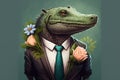 Crocodile Animal, dressed in a suit and tie, holding a bouquet of flowers. The image depicts a romantic and elegant figure,