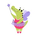 Crocodile Animal Fairy in Pretty Dress with Magic Wand and Wings Vector Illustration