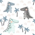 Crocodile baby seamless pattern. Dinosaur scandinavian cute print.