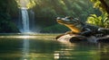 Alligator Resting on Riverbank with Lush Waterfall Backdrop in Tranquil Ambiance Royalty Free Stock Photo