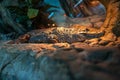 Crocodile basks under the lamps in his terrarium
