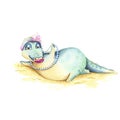 Crocodile on the beach, Funny watercolor character.