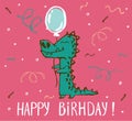 Crocodile birthday card cool design. Greeting post card template. Safari animal date of birth. Happy birthday