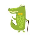 Crocodile With Bow Tie And Cane Flat Cartoon Green Friendly Reptile Animal Character Drawing