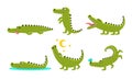 Crocodile Cartoon Character In Different Poses Set, Cute Amphibian Animal with Different Emotions Vector Illustration