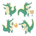 Crocodile cartoon characters . Musical concept . Hand drawn style . White isolate background . Vector