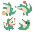 Crocodile cartoon characters . Sport concept . Hand drawn style . White isolate background . Vector