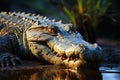 Crocodile, Crocodylus niloticus, sunbathing on the tranquil riverbank landscape