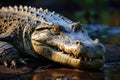 Crocodile, Crocodylus niloticus, sunbathing on the tranquil riverbank landscape