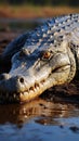 Crocodile, Crocodylus niloticus, sunbathing on the tranquil riverbank landscape