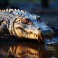 Crocodile, Crocodylus niloticus, sunbathing on the tranquil riverbank landscape