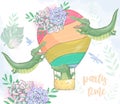 Crocodile in basket digital clip art cute animal and flowers and balloon. Flying Croc. Party Time text. Greeting Celebration Birth