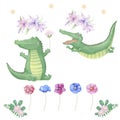 Crocodile digital clip art cute animal and flowers for card, posters,