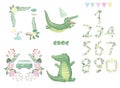 Crocodile digital clip art cute animal and flowers for card, posters, on white background for celebration