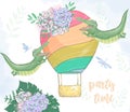 Crocodile digital clip art cute animal and flowers. Flying Croc. Party Time text. Greeting Celebration Birthday Card Funny african