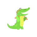 Crocodile With Dumbbells Exercising In Gym, Humanized Green Reptile Animal Character Every Day Activity