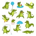 Crocodile funny character. Cartoon crocodiles in different situations and poses. Childish animal, cute alligator for Royalty Free Stock Photo