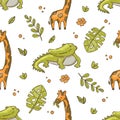 CROCODILE AND GIRAFFE Hand Drawn Grunge Seamless Pattern