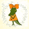 Crocodile girl with closed eyes having flower in her hand