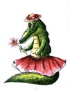 Crocodile girl in a hat with a flower