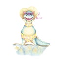Crocodile in a hat and sunglasses at the sea. Funny watercolor character.