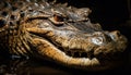 Crocodile head close up, dangerous teeth, in dark swamp generated by AI