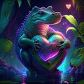 Nile Crocodile hugging heart Crocodile with a heart in his hands. 3d rendering AI Generated animal ai