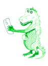 Crocodile making selfy. Isolated sketch on white background. Reptiles. Hand drawings of crocodiles