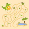 Crocodile maze. Labyrinth puzzle, help alligator find way to oasis lake. Choose direction game for kids, logic test Royalty Free Stock Photo