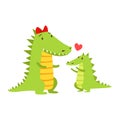 Crocodile Mom With Red Bow Animal Parent And Its Baby Calf Parenthood Themed Colorful Illustration With Cartoon Fauna