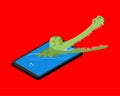 Crocodile on phone. Animal in smartphone. vector illustration