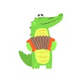 Crocodile Playing Accordion, Humanized Green Reptile Animal Character Every Day Activity