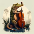 Crocodile playing a cello in the jungle. illustration