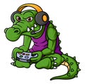 Crocodile Playing Game With Controller And Headphone Cartoon