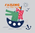 crocodile sailing boat sea print vector ar