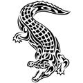 Crocodile silhouette is drawn in various lines of black color on a white background. Tattoo, mascot logo is a joyful aligator