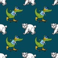 Crocodile on skateboard and white bear seamless pattern Royalty Free Stock Photo