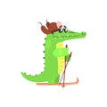 Crocodile Skiing In Cap With Ear Flaps, Humanized Green Reptile Animal Character Every Day Activity