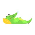 Crocodile Sleeping With Pillow, Humanized Green Reptile Animal Character Every Day Activity