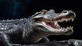 crocodile smiles and shows its teeth on a dark background close-up. Close-up of a crocodile AI. Royalty Free Stock Photo