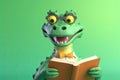 Crocodile Smiling Bookworm. Character Wearing Glasses And Reading A Book. Illustration Part Of Animals In Library Collection.